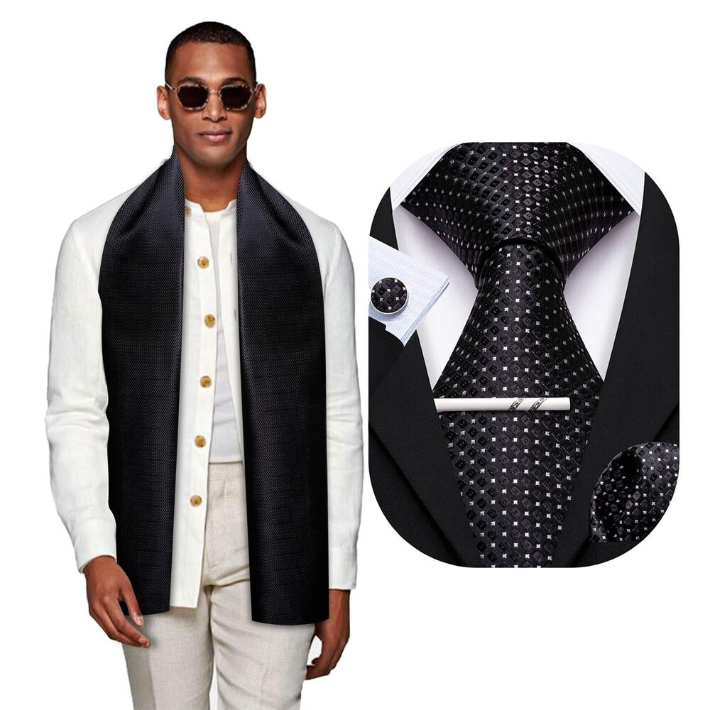 5184 Black Scarf and Tie with Tie Clip Plaid Silk Necktie Pocket Square